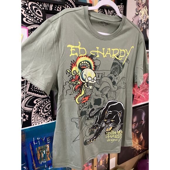 Ed Hardy Y2K Streetwear Dragon Panther Tattoo Short Sleeve Tee Olive Large - Picture 4 of 7